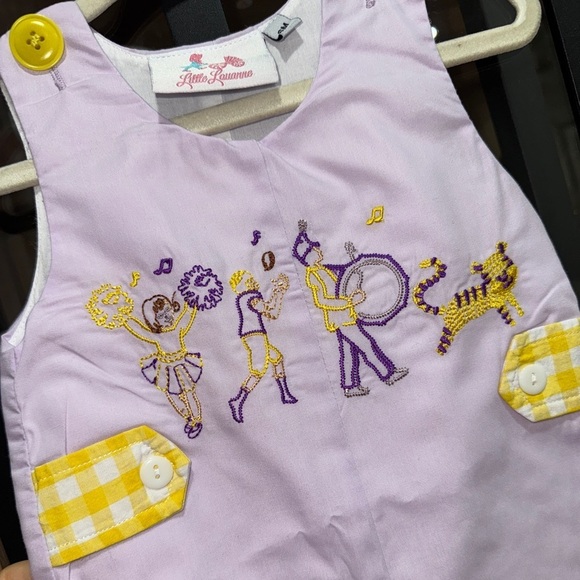 LSU embroidered jon jon band geaux tigers baby boy Louisiana shortall romper - Picture 3 of 5